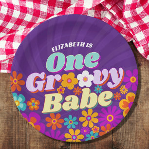 Groovy One Colourful Retro Floral Birthday Paper Plate