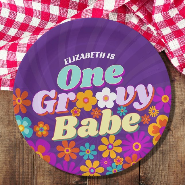 Groovy One Colourful Retro Floral Birthday Paper Plate (Creator Uploaded)