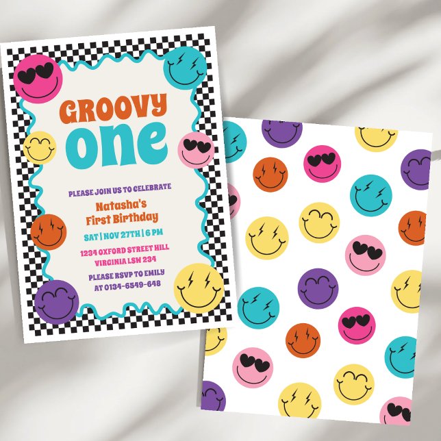 Groovy One Colourful Retro Smiles First Birthday  Invitation (Creator Uploaded)