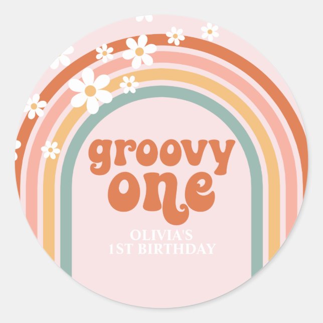 Groovy One daisy boho floral rainbow 1st birthday Classic Round Sticker (Front)