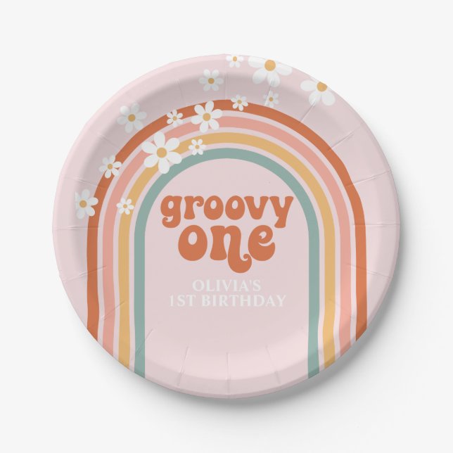 Groovy One daisy boho floral rainbow 1st birthday Paper Plate (Front)