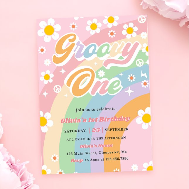 Groovy One Daisy Rainbow 1st Birthday Party Invitation (Creator Uploaded)