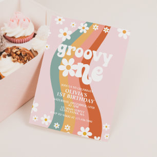 Groovy One daisy rainbow 3rd birthday Invitation