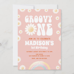 Groovy One Daisy Rainbow 70s Retro 1st Birthday Invitation