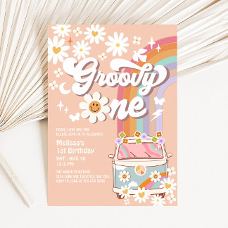 Groovy ONE Daisy Rainbow Hippie 70's 1st Birthday Invitation