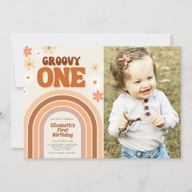 GROOVY ONE first birthday invitation with photo (Front)