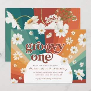 Groovy One First Birthday   Retro Daisy Rainbow Invitation