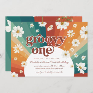 Groovy One First Birthday   Retro Daisy Rainbow Invitation