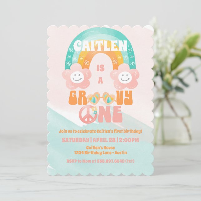 Groovy One First Birthday Retro Rainbow Flowers Invitation (Standing Front)