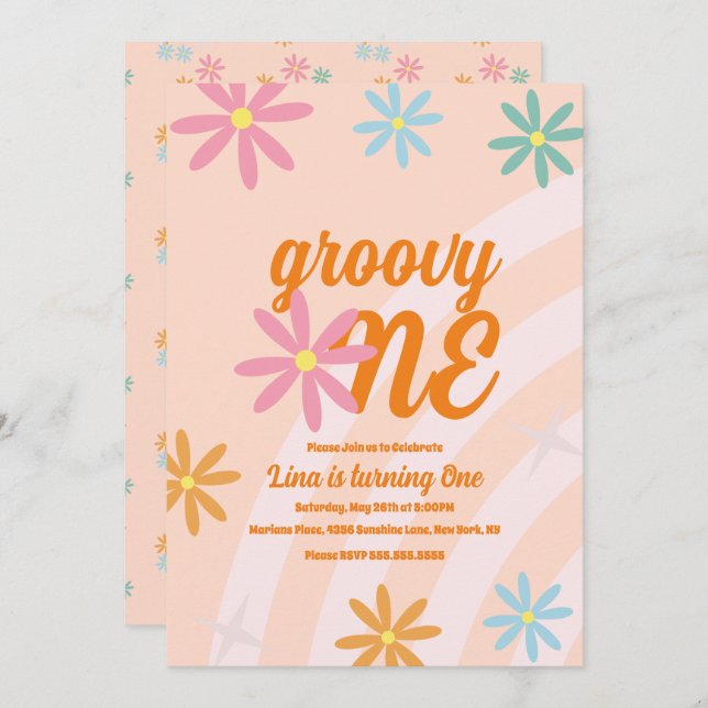 Groovy One Floral First Birthday Retro Party Invitation (Front/Back)