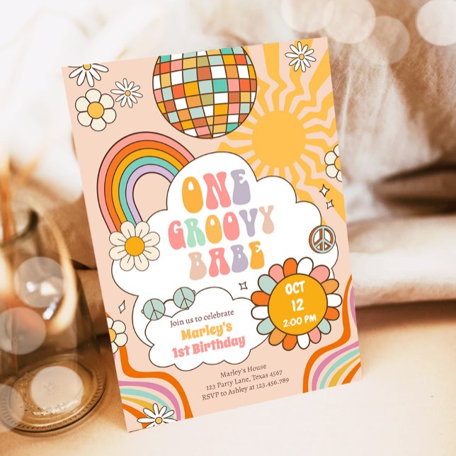 Groovy One Girl Retro 70s Rainbow 1st Birthday Invitation (Creator Uploaded)