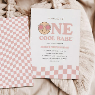 Groovy One Girls Chequered Happy Face Birthday Invitation