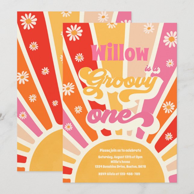 Groovy One Hippie 1st Birthday Sunshine Daisy Invitation (Front/Back)