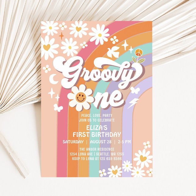 Groovy ONE Hippie 70's Rainbow Retro 1st Birthday Invitation (Creator Uploaded)