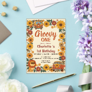 Groovy One Lion Birthday Retro 70s First Birthday Acrylic Invitations