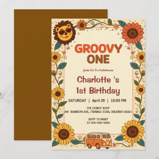 Groovy One Lion Birthday Retro 70s First Birthday Invitation