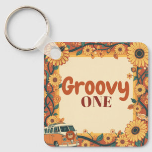 Groovy One Lion Birthday Retro 70s First Birthday Key Ring