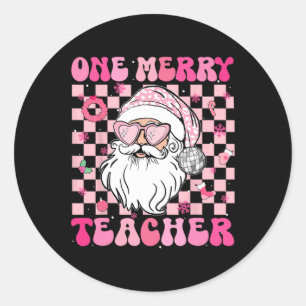 Groovy One Merry Teacher Christmas Xmas Santa Clau Classic Round Sticker