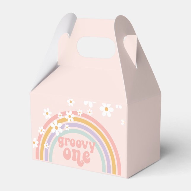 Groovy One Pastel Retro Rainbow with Daisies Favour Box (Front Side)
