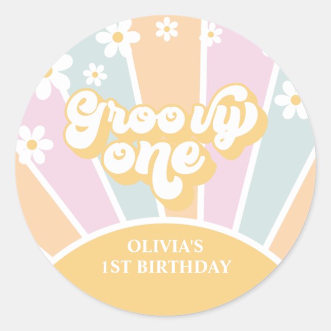 Groovy One pastel Retro Sunshine daisy boho Classic Round Sticker (Front)