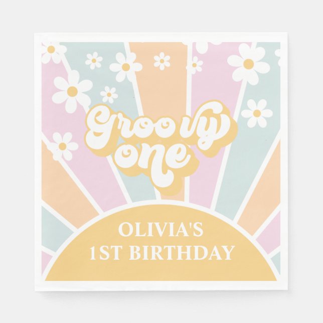 Groovy One pastel Retro Sunshine daisy boho Napkin (Front)