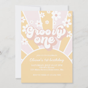 Groovy One Pastel Retro Sunshine daisy Pink Invitation