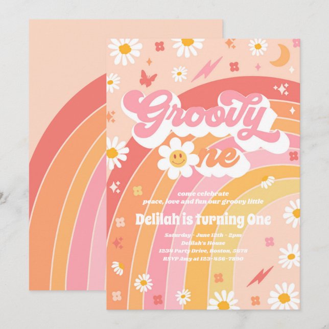 Groovy One Peace Love Party Rainbow Birthday Party Invitation (Front/Back)