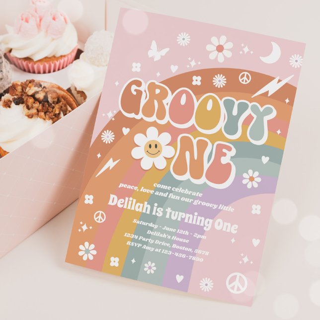 Groovy One Peace Love Party Rainbow Birthday Party Invitation (Creator Uploaded)