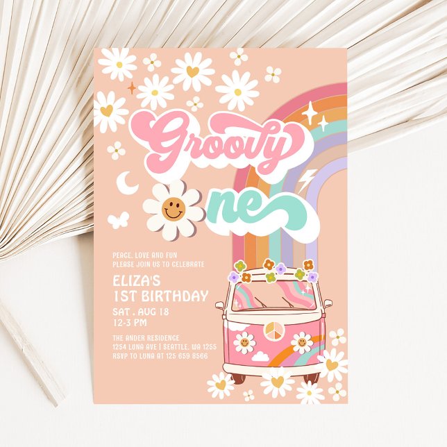 Groovy ONE Pink Daisy Rainbow Van 1st Birthday Invitation (Creator Uploaded)