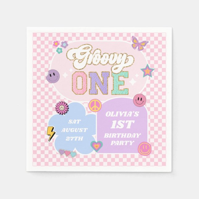 Groovy One Preppy Patch 1st Birthday Party Napkin (Front)