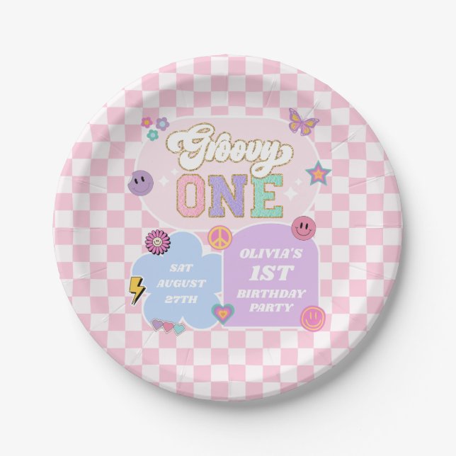 Groovy One Preppy Patch 1st Birthday Party Paper Plate (Front)