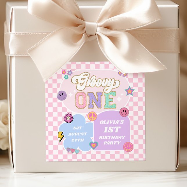 Groovy One Preppy Patch 1st Birthday Party Square Sticker (Creator Uploaded)