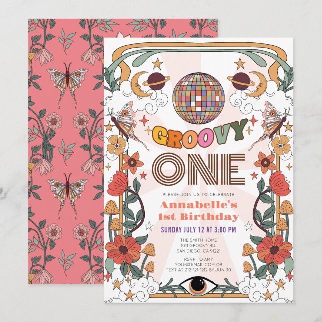 Groovy One Psychedelic Retro Girl 1st Birthday Invitation (Front/Back)