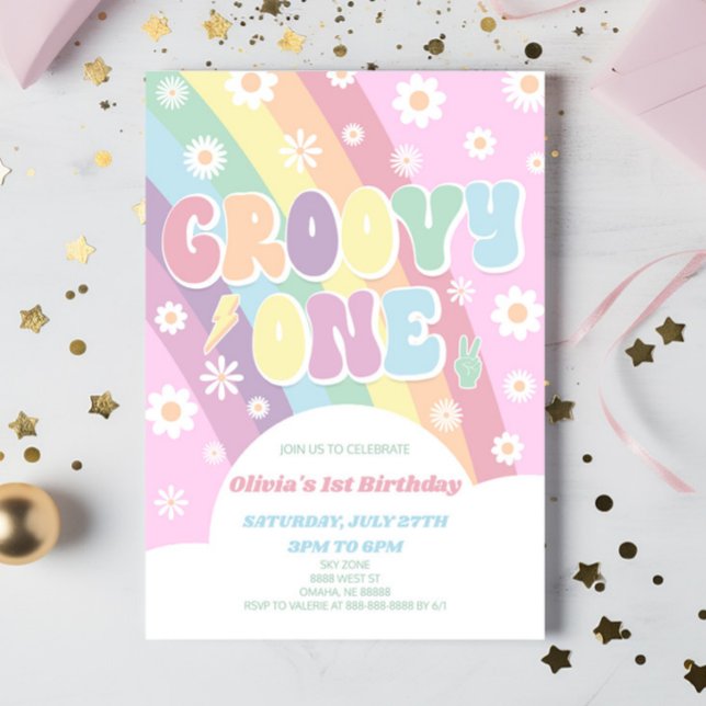 Groovy One Rainbow Daisy Retro 1st Birthday Party Invitation (Creator Uploaded)