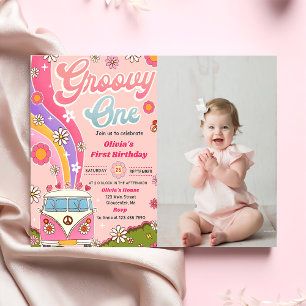 Groovy One Rainbow Floral 1st Birthday Party Photo Invitation