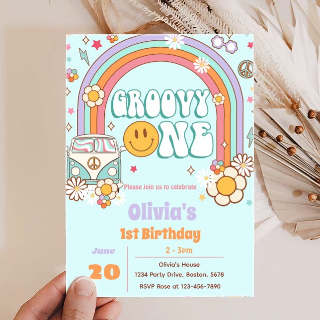 Groovy One Rainbow Flower 1st Birthday Invitation (Creator Uploaded)