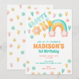 Groovy One Rainbow Flower 70s Retro 1st Birthday Invitation