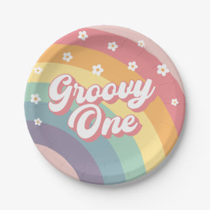 Groovy One Retro 70s Rainbow Daisy 1st Birthday Paper Plate