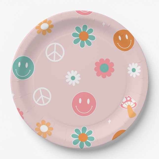 Groovy One Retro Boho Birthday Party Paper Plates  (Front)