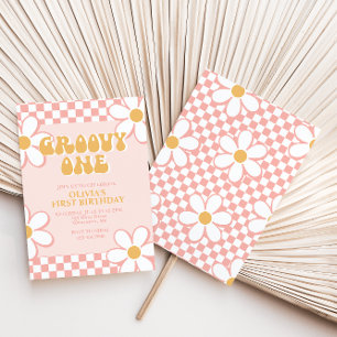 Groovy One Retro Check Pink Daisy Invitation