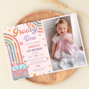 Groovy One Retro Daisy 1st Birthday Party Photo Invitation
