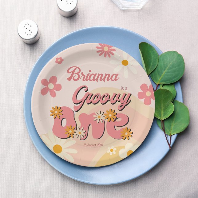 Groovy one retro daisy 1st birthday printed paper plate (Groovy one retro vibes daisy 1st birthday party printed paper plates personalized tableware decor)