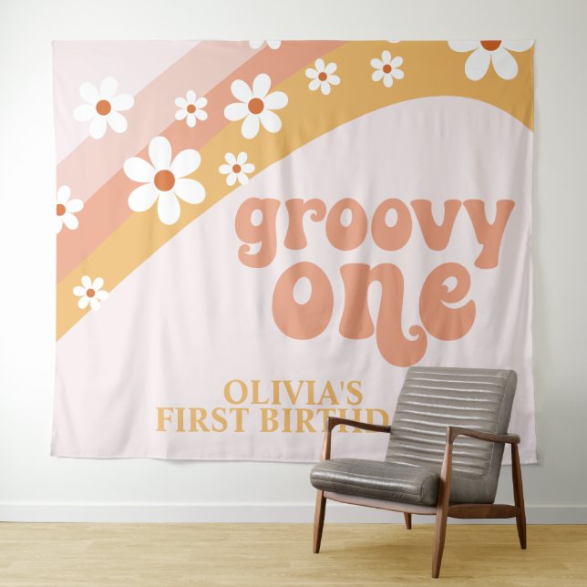 Groovy One Retro Daisy Birthday Banner Tapestry (In Situ (Horizontal))