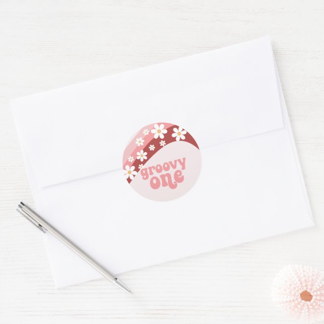 Groovy One Retro daisy boho floral first birthday Classic Round Sticker (Envelope)