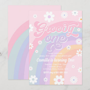Groovy One Retro Daisy Pastel Rainbow Birthday Invitation