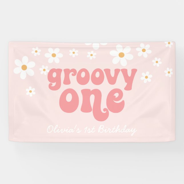 Groovy One Retro Daisy Pink 1st Birthday Banner (Horizontal)