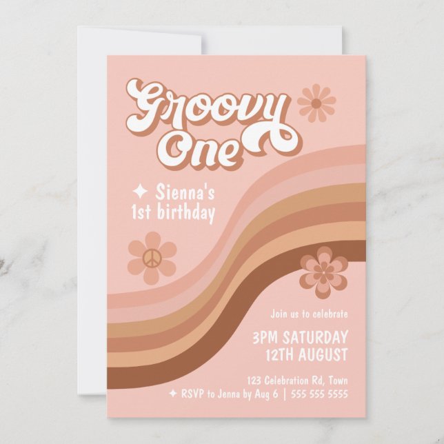 Groovy One Retro Daisy Pink Girl 1st Birthday  Invitation (Front)