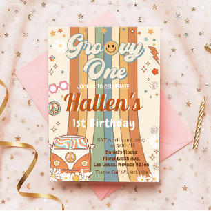Groovy One Retro Daisy Rainbow First Birthday Invitation