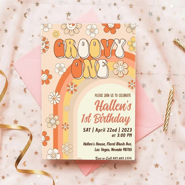 Groovy One Retro Daisy Rainbow First Birthday  Invitation (Creator Uploaded)