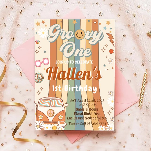 Groovy One Retro Daisy Rainbow First Birthday Invitation (Creator Uploaded)